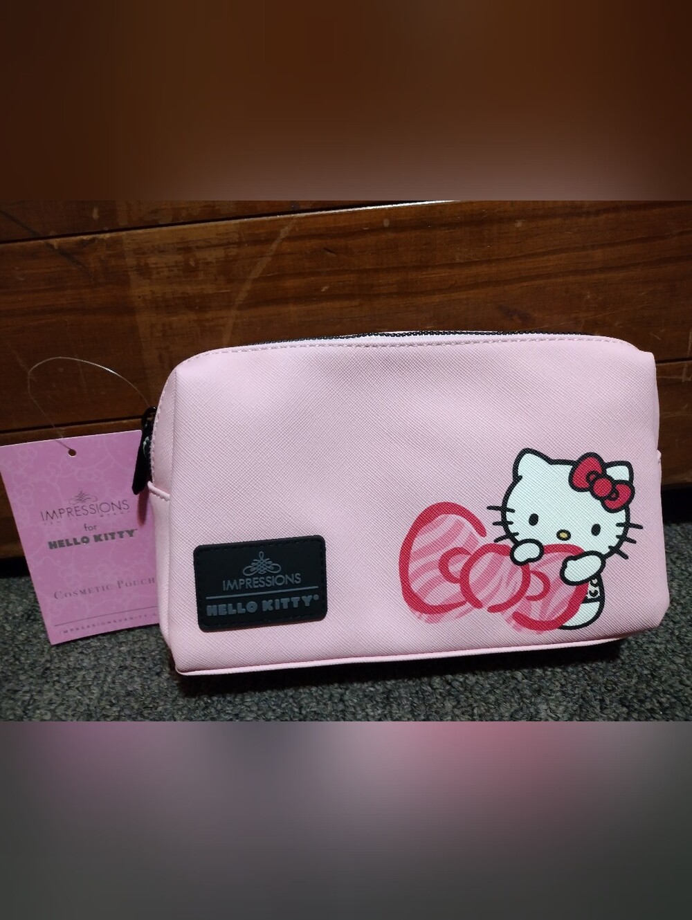 Impressions Hello Kitty Pink Leather Cosmetic Pouch with Bow Graphic